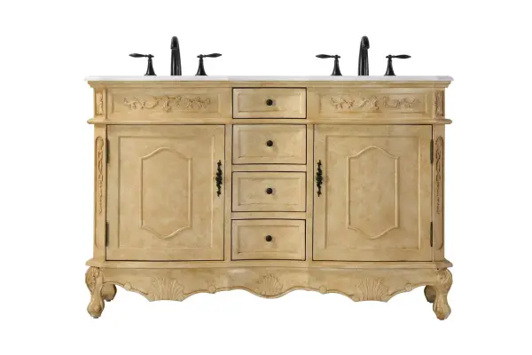 Specification Sheet
Dimensions
Length: 54"
Width: 21"
Height: 36"
Counter Top Length: 54"
Counter Top Width: 21"
Counter Top Height: 0.75"
Sink Width: 16"
Sink Depth: 13"
Sink Height: 7"
Sink Drain Hole Size: 1.75"
Faucet Hole Spacing: 8"3 Holes"
Specifications
Assembly Required: NO
Base Material: Solid wood and MDF
Counter Top Edge Style: Half bullnose
Counter Top Finish: Ivory white
Distressed Finish: yes
Faucet Type: Widespread
Finish (Color): Antique Beige
Vanity Material: Solid Wood and MDF
Hardware Finish: Antique bronze
Harware Material: Aluminum alloy
Number of Faucet Holes: 6
Number of Sinks: 2
Product Shape: Rectangle
Product Type: Bathroom Vanities
Product Warranty: 1 year limited
Sink Mounting Type: Undermount
Vanity Backsplash: NO
Vanity Mounting Type: Free-Standing
205
Wire Included: No
Wood Type: Birch
Shipment type: LTL
Drawers
Drawers Included: yes
Number of Drawers: 4
Drawer Width: Dw1 : 11
Dw2 : 11
Drawer Depth: Dw1 : 14.5
Dw2 : 14.5
Drawer Height: Dw1 : 4.5
Dw2 : 6
Drawer Handle Designs: knobs
Shelves
Number of Shelves: 2
Shelf Width: 17.25
Cabinets
Number of Cabinets: 2
Cabinet Interior Width: 17.25
Cabinet Interior Depth: 17
Cabinet Interior Height: 20