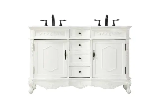 Specification Sheet
Dimensions
Length: 54"
Width: 21"
Height: 36"
Counter Top Length: 54"
Counter Top Width: 21"
Counter Top Height: 0.75"
Sink Width: 16"
Sink Depth: 13"
Sink Height: 7"
Sink Drain Hole Size: 1.75"
Faucet Hole Spacing: 8"3 Holes"
Specifications
Assembly Required: NO
Base Material: Solid wood and MDF
Counter Top Edge Style: Half bullnose
Counter Top Finish: Ivory white
Distressed Finish: yes
Faucet Type: Widespread
Finish (Color): Antique White
Vanity Material: Solid Wood and MDF
Hardware Finish: Antique bronze
Harware Material: Aluminum alloy
Number of Faucet Holes: 6
Number of Sinks: 2
Product Shape: Rectangle
Product Type: Bathroom Vanities
Product Warranty: 1 year limited
Sink Mounting Type: Undermount
Vanity Backsplash: NO
Vanity Mounting Type: Free-Standing
205
Wire Included: No
Wood Type: Birch
Shipment type: LTL
Drawers
Drawers Included: yes
Number of Drawers: 4
Drawer Width: Dw1 : 11
Dw2 : 11
Drawer Depth: Dw1 : 14.5
Dw2 : 14.5
Drawer Height: Dw1 : 4.5
Dw2 : 6
Drawer Handle Designs: knobs
Shelves
Number of Shelves: 2
Shelf Width: 17.25
Cabinets
Number of Cabinets: 2
Cabinet Interior Width: 17.25
Cabinet Interior Depth: 17
Cabinet Interior Height: 20