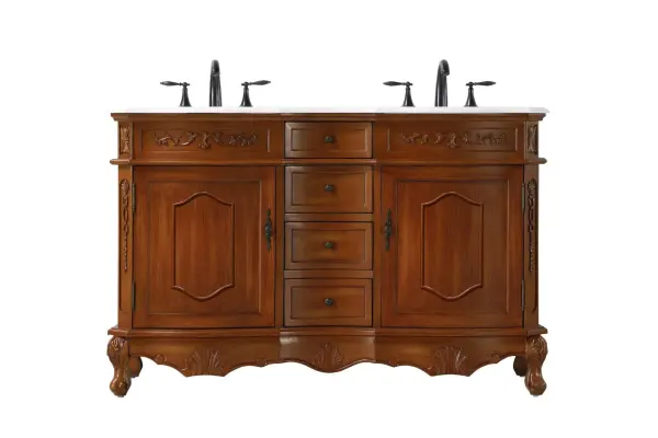 Specification Sheet
Dimensions
Length: 54"
Width: 21"
Height: 36"
Counter Top Length: 54"
Counter Top Width: 21"
Counter Top Height: 0.75"
Sink Width: 16"
Sink Depth: 13"
Sink Height: 7"
Sink Drain Hole Size: 1.75"
Faucet Hole Spacing: 8"3 Holes"
Specifications
Assembly Required: NO
Base Material: Solid wood and MDF
Counter Top Edge Style: Half bullnose
Counter Top Finish: Ivory white
Distressed Finish: yes
Faucet Type: Widespread
Finish (Color): Teak
Vanity Material: Solid Wood and MDF
Hardware Finish: Antique bronze
Harware Material: Aluminum alloy
Number of Faucet Holes: 6
Number of Sinks: 2
Product Shape: Rectangle
Product Type: Bathroom Vanities
Product Warranty: 1 year limited
Sink Mounting Type: Undermount
Vanity Backsplash: NO
Vanity Mounting Type: Free-Standing
205
Wire Included: No
Wood Type: Birch
Shipment type: LTL
Drawers
Drawers Included: yes
Number of Drawers: 4
Drawer Width: Dw1 : 11
Dw2 : 11
Drawer Depth: Dw1 : 14.5
Dw2 : 14.5
Drawer Height: Dw1 : 4.5
Dw2 : 6
Drawer Handle Designs: knobs
Shelves
Number of Shelves: 2
Shelf Width: 17.25
Cabinets
Number of Cabinets: 2
Cabinet Interior Width: 17.25
Cabinet Interior Depth: 17
Cabinet Interior Height: 20