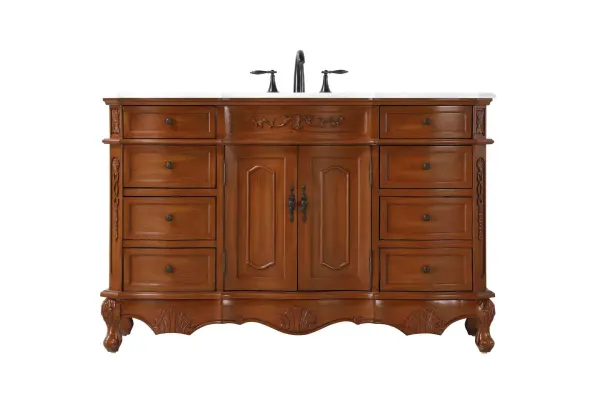 Specification Sheet
Dimensions
Length: 54"
Width: 21"
Height: 36"
Counter Top Length: 54"
Counter Top Width: 21"
Counter Top Height: 0.75"
Sink Width: 16"
Sink Depth: 13"
Sink Height: 7"
Sink Drain Hole Size: 1.75"
Faucet Hole Spacing: 8"3 Holes"
Specifications
Assembly Required: NO
Base Material: Solid wood and MDF
Counter Top Edge Style: Half bullnose
Counter Top Finish: Ivory white
Distressed Finish: yes
Faucet Type: Widespread
Finish (Color): Teak
Vanity Material: Solid Wood and MDF
Hardware Finish: Antique bronze
Harware Material: Aluminum alloy
Number of Faucet Holes: 3
Number of Sinks: 1
Product Shape: Rectangle
Product Type: Bathroom Vanities
Product Warranty: 1 year limited
Sink Mounting Type: Undermount
Vanity Backsplash: NO
Vanity Mounting Type: Free-Standing
227
Wire Included: No
Wood Type: Birch
Shipment type: LTL
Drawers
Drawers Included: yes
Number of Drawers: 8
Drawer Width: Dw1 : 12
Dw2 : 12
Drawer Depth: Dw1 : 14.5
Dw2 : 14.5
Drawer Height: Dw1 : 4.5
Dw2 : 6
Drawer Handle Designs: knobs
Shelves
Number of Shelves: 1
Shelf Width: 21
Cabinets
Number of Cabinets: 1
Cabinet Interior Width: 21
Cabinet Interior Depth: 17
Cabinet Interior Height: 20