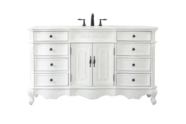 Dimensions
Length: 60"
Width: 21"
Height: 36"
Counter Top Length: 60"
Counter Top Width: 21"
Counter Top Height: 0.75"
Sink Width: 16"
Sink Depth: 13"
Sink Height: 7"
Sink Drain Hole Size: 1.75"
Faucet Hole Spacing: 8"3 Holes"
Specifications
Assembly Required: no
Base Material: Solid wood and MDF
Counter Top Edge Style: Ogee
Counter Top Finish: Ivory white
Distressed Finish: Yes
Finish (Color): Antique White
Fixture Material: Solid Wood and MDF
Hardware Finish: Antique bronze
Harware Material: Aluminum alloy
Number of Faucet Holes: 3
Number of Sinks: 1
Product Shape: Rectangle
Product Type: Bathroom Vanities
Product Warranty: 1 year limited
Sink Mounting Type: Undermount
Vanity Backsplash: NO
Vanity Mounting Type: Free-Standing
Weight: 213
Wire Included: No
Wood Type: birch
Shipment type: LTL
US Shipping Cost: $253.00
Drawers
Drawers Included: yes
Number of Drawers: 8
Drawer Width: DW1:15.75
DW2:15.75
Drawer Depth: DW1:16
DW2:16
Drawer Height: DW1:6
DW1:4.5
Drawer Handle Designs: knobs
Shelves
Number of Shelves: 1
Shelf Width: 22.875
Cabinets
Number of Cabinets: 1
Cabinet Interior Width: 22.875
Cabinet Interior Depth: 17
Cabinet Interior Height: 19.75
