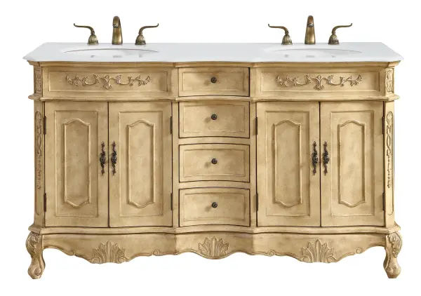 Dimensions
Length: 60"
Width: 21"
Height: 36"
Counter Top Length: 60"
Counter Top Width: 21"
Counter Top Height: 0.75"
Sink Width: 16"
Sink Depth: 13"
Sink Height: 7"
Sink Drain Hole Size: 1.75"
Faucet Hole Spacing: 8"3 Holes"
Specifications
Assembly Required: no
Base Material: Solid wood and MDF
Counter Top Edge Style: Ogee
Counter Top Finish: Ivory white
Distressed Finish: Yes
Finish (Color): Antique Beige
Fixture Material: Solid Wood and MDF
Hardware Finish: Antique bronze
Harware Material: Aluminum alloy
Number of Faucet Holes: 6
Number of Sinks: 2
Product Shape: Rectangle
Product Type: Bathroom Vanities
Product Warranty: 1 year limited
Sink Mounting Type: Undermount
Vanity Backsplash: NO
Vanity Mounting Type: Free-Standing
Weight: 213
Wire Included: No
Wood Type: birch
Shipment type: LTL
US Shipping Cost: $253.00
Drawers
Drawers Included: yes
Number of Drawers: 4
Drawer Width: DW1:11.5
DW2:11.5
Drawer Depth: DW1:16
DW2:16
Drawer Height: DW1:4.375
DW1:6
Drawer Handle Designs: knobs
Shelves
Number of Shelves: 2
Shelf Width: 20.25
Cabinets
Number of Cabinets: 2
Cabinet Interior Width: 20.25
Cabinet Interior Depth: 17
Cabinet Interior Height: 19.75