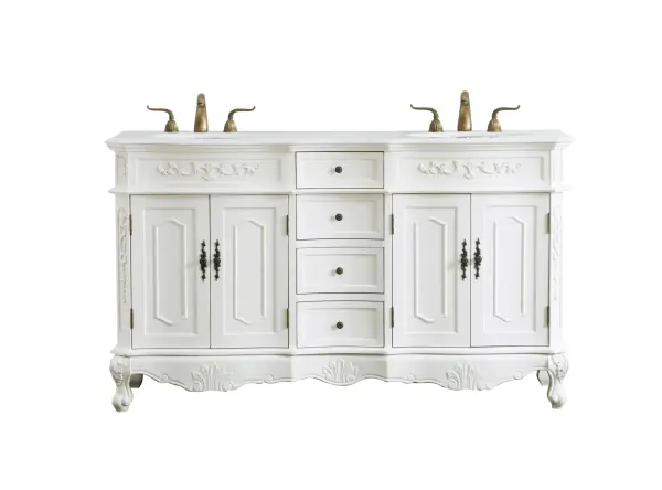 Dimensions
Length: 60"
Width: 21"
Height: 36"
Counter Top Length: 60"
Counter Top Width: 21"
Counter Top Height: 0.75"
Sink Width: 16"
Sink Depth: 13"
Sink Height: 7"
Sink Drain Hole Size: 1.75"
Faucet Hole Spacing: 8"3 Holes"
Specifications
Assembly Required: no
Base Material: Solid wood and MDF
Counter Top Edge Style: Ogee
Counter Top Finish: Ivory white
Distressed Finish: Yes
Finish (Color): Antique White
Fixture Material: Solid Wood and MDF
Hardware Finish: Antique bronze
Harware Material: Aluminum alloy
Number of Faucet Holes: 6
Number of Sinks: 2
Product Shape: Rectangle
Product Type: Bathroom Vanities
Product Warranty: 1 year limited
Sink Mounting Type: Undermount
Vanity Backsplash: NO
Vanity Mounting Type: Free-Standing
Weight: 213
Wire Included: No
Wood Type: birch
Shipment type: LTL
US Shipping Cost: $253.00
Drawers
Drawers Included: yes
Number of Drawers: 4
Drawer Width: DW1:11.5
DW2:11.5
Drawer Depth: DW1:16
DW2:16
Drawer Height: DW1:4.375
DW1:6
Drawer Handle Designs: knobs
Shelves
Number of Shelves: 2
Shelf Width: 20.25
Cabinets
Number of Cabinets: 2
Cabinet Interior Width: 20.25
Cabinet Interior Depth: 17
Cabinet Interior Height: 19.75