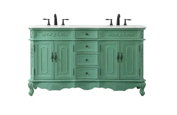 Dimensions
Length: 60"
Width: 21"
Height: 36"
Counter Top Length: 60"
Counter Top Width: 21"
Counter Top Height: 0.75"
Sink Width: 16"
Sink Depth: 13"
Sink Height: 7"
Sink Drain Hole Size: 1.75"
Faucet Hole Spacing: 8"3 Holes"
Specifications
Assembly Required: no
Base Material: Solid wood and MDF
Counter Top Edge Style: Ogee
Counter Top Finish: Ivory white
Distressed Finish: Yes
Finish (Color): Vintage Mint
Fixture Material: Solid Wood and MDF
Hardware Finish: Antique bronze
Harware Material: Aluminum alloy
Number of Faucet Holes: 6
Number of Sinks: 2
Product Shape: Rectangle
Product Type: Bathroom Vanities
Product Warranty: 1 year limited
Sink Mounting Type: Undermount
Vanity Backsplash: NO
Vanity Mounting Type: Free-Standing
Weight: 213
Wire Included: No
Wood Type: birch
Shipment type: LTL
US Shipping Cost: $253.00
Drawers
Drawers Included: yes
Number of Drawers: 4
Drawer Width: DW1:11.5
DW2:11.5
Drawer Depth: DW1:16
DW2:16
Drawer Height: DW1:4.375
DW1:6
Drawer Handle Designs: knobs
Shelves
Number of Shelves: 2
Shelf Width: 20.25
Cabinets
Number of Cabinets: 2
Cabinet Interior Width: 20.25
Cabinet Interior Depth: 17
Cabinet Interior Height: 19.75
