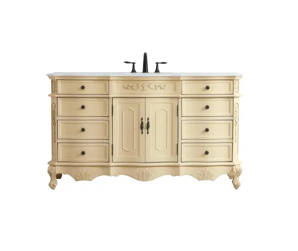 Dimensions
Length: 60"
Width: 21"
Height: 36"
Counter Top Length: 60"
Counter Top Width: 21"
Counter Top Height: 0.75"
Sink Width: 16"
Sink Depth: 13"
Sink Height: 7"
Sink Drain Hole Size: 1.75"
Faucet Hole Spacing: 8"3 Holes"
Specifications
Assembly Required: no
Base Material: Solid wood and MDF
Counter Top Edge Style: Ogee
Counter Top Finish: Ivory white
Distressed Finish: Yes
Finish (Color): light antique beige
Fixture Material: Solid Wood and MDF
Hardware Finish: Antique bronze
Harware Material: Aluminum alloy
Number of Faucet Holes: 3
Number of Sinks: 1
Product Shape: Rectangle
Product Type: Bathroom Vanities
Product Warranty: 1 year limited
Sink Mounting Type: Undermount
Vanity Backsplash: NO
Vanity Mounting Type: Free-Standing
Weight: 213
Wire Included: No
Wood Type: birch
Shipment type: LTL
US Shipping Cost: $253.00
Drawers
Drawers Included: yes
Number of Drawers: 8
Drawer Width: DW1:15.75
DW2:15.75
Drawer Depth: DW1:16
DW2:16
Drawer Height: DW1:6
DW1:4.5
Drawer Handle Designs: knobs
Shelves
Number of Shelves: 1
Shelf Width: 22.875
Cabinets
Number of Cabinets: 1
Cabinet Interior Width: 22.875
Cabinet Interior Depth: 17
Cabinet Interior Height: 19.75