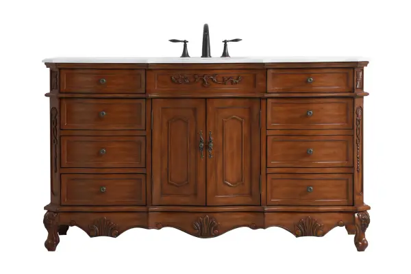 Dimensions
Length: 60"
Width: 21"
Height: 36"
Counter Top Length: 60"
Counter Top Width: 21"
Counter Top Height: 0.75"
Sink Width: 16"
Sink Depth: 13"
Sink Height: 7"
Sink Drain Hole Size: 1.75"
Faucet Hole Spacing: 8"3 Holes"
Specifications
Assembly Required: no
Base Material: Solid wood and MDF
Counter Top Edge Style: Ogee
Counter Top Finish: Ivory white
Distressed Finish: Yes
Finish (Color): Teak
Fixture Material: Solid Wood and MDF
Hardware Finish: Antique bronze
Harware Material: Aluminum alloy
Number of Faucet Holes: 3
Number of Sinks: 1
Product Shape: Rectangle
Product Type: Bathroom Vanities
Product Warranty: 1 year limited
Sink Mounting Type: Undermount
Vanity Backsplash: NO
Vanity Mounting Type: Free-Standing
Weight: 213
Wire Included: No
Wood Type: birch
Shipment type: LTL
US Shipping Cost: $253.00
Drawers
Drawers Included: yes
Number of Drawers: 8
Drawer Width: DW1:15.75
DW2:15.75
Drawer Depth: DW1:16
DW2:16
Drawer Height: DW1:6
DW1:4.5
Drawer Handle Designs: knobs
Shelves
Number of Shelves: 1
Shelf Width: 22.875
Cabinets
Number of Cabinets: 1
Cabinet Interior Width: 22.875
Cabinet Interior Depth: 17
Cabinet Interior Height: 19.75