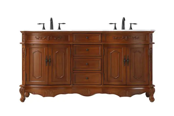 Specification Sheet
Dimensions
Length: 66"
Width: 21"
Height: 36"
Counter Top Length: 66"
Counter Top Width: 21"
Counter Top Height: 0.75"
Sink Width: 16"
Sink Depth: 13"
Sink Height: 7"
Sink Drain Hole Size: 1.75"
Faucet Hole Spacing: 8"3 Holes"
Specifications
Assembly Required: NO
Base Material: Solid wood and MDF
Counter Top Edge Style: Half bullnose
Counter Top Finish: Ivory white
Distressed Finish: yes
Faucet Type: Widespread
Finish (Color): Teak
Vanity Material: Solid Wood and MDF
Hardware Finish: Antique bronze
Harware Material: Aluminum alloy
Number of Faucet Holes: 6
Number of Sinks: 2
Product Shape: Rectangle
Product Type: Bathroom Vanities
Product Warranty: 1 year limited
Sink Mounting Type: Undermount
Vanity Backsplash: NO
Vanity Mounting Type: Free-Standing
246
Wire Included: No
Wood Type: Birch
Shipment type: LTL
Drawers
Drawers Included: yes
Number of Drawers: 4
Drawer Width: Dw1 : 14
Dw2 : 14
Drawer Depth: Dw1 : 14.5
Dw2 : 14.5
Drawer Height: Dw1 : 4.5
Dw2 : 6
Drawer Handle Designs: knobs
Shelves
Number of Shelves: 2
Shelf Width: 21.5
Cabinets
Number of Cabinets: 2
Cabinet Interior Width: 21.5
Cabinet Interior Depth: 17
Cabinet Interior Height: 20
