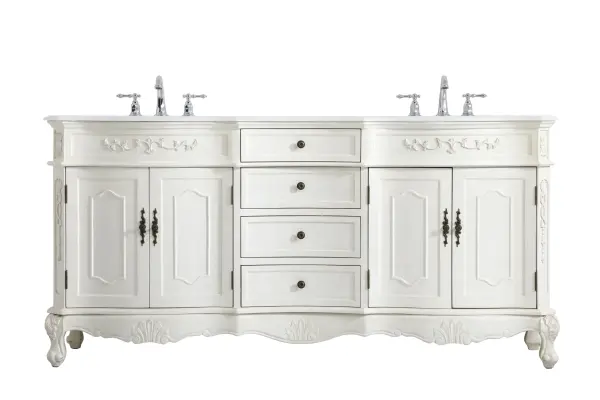 Dimensions
Length: 72"
Width: 21"
Height: 36"
Counter Top Length: 72"
Counter Top Width: 21"
Counter Top Height: 0.75"
Sink Width: 16"
Sink Depth: 13"
Sink Height: 7"
Sink Drain Hole Size: 1.75"
Faucet Hole Spacing: 8"3 Holes"
Specifications
Assembly Required: no
Base Material: Solid wood and MDF
Counter Top Edge Style: Ogee
Counter Top Finish: Ivory white
Distressed Finish: Yes
Finish (Color): Antique White
Fixture Material: Solid Wood and MDF
Hardware Finish: Antique bronze
Harware Material: Aluminum alloy
Number of Faucet Holes: 6
Number of Sinks: 2
Product Shape: Rectangle
Product Type: Bathroom Vanities
Product Warranty: 1 year limited
Sink Mounting Type: Undermount
Vanity Backsplash: NO
Vanity Mounting Type: Free-Standing
Weight: 231
Wire Included: No
Wood Type: birch
Shipment type: LTL
US Shipping Cost: $301.00
Drawers
Drawers Included: yes
Number of Drawers: 4
Drawer Width: DW1:18
DW2:18
Drawer Depth: DW1:16
DW2:16
Drawer Height: DW1:6
DW2:4.5
Drawer Handle Designs: knobs
Shelves
Number of Shelves: 2
Shelf Width: 23
Cabinets
Number of Cabinets: 2
Cabinet Interior Width: 23
Cabinet Interior Depth: 17
Cabinet Interior Height: 19.75