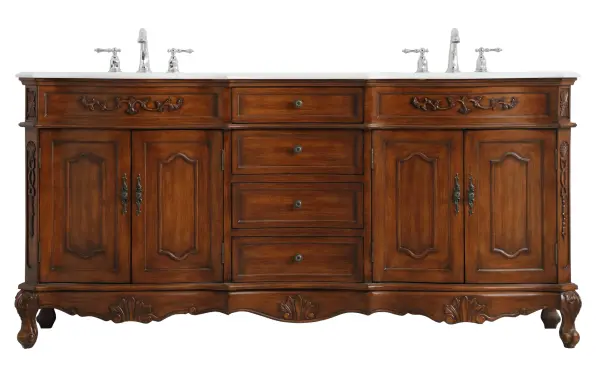 Dimensions
Length: 72"
Width: 21"
Height: 36"
Counter Top Length: 72"
Counter Top Width: 21"
Counter Top Height: 0.75"
Sink Width: 16"
Sink Depth: 13"
Sink Height: 7"
Sink Drain Hole Size: 1.75"
Faucet Hole Spacing: 8"3 Holes"
Specifications
Assembly Required: no
Base Material: Solid wood and MDF
Counter Top Edge Style: Ogee
Counter Top Finish: Ivory white
Distressed Finish: Yes
Finish (Color): Teak
Fixture Material: Solid Wood and MDF
Hardware Finish: Antique bronze
Harware Material: Aluminum alloy
Number of Faucet Holes: 6
Number of Sinks: 2
Product Shape: Rectangle
Product Type: Bathroom Vanities
Product Warranty: 1 year limited
Sink Mounting Type: Undermount
Vanity Backsplash: NO
Vanity Mounting Type: Free-Standing
Weight: 231
Wire Included: No
Wood Type: birch
Shipment type: LTL
US Shipping Cost: $301.00
Drawers
Drawers Included: yes
Number of Drawers: 4
Drawer Width: DW1:18
DW2:18
Drawer Depth: DW1:16
DW2:16
Drawer Height: DW1:6
DW2:4.5
Drawer Handle Designs: knobs
Shelves
Number of Shelves: 2
Shelf Width: 23
Cabinets
Number of Cabinets: 2
Cabinet Interior Width: 23
Cabinet Interior Depth: 17
Cabinet Interior Height: 19.75