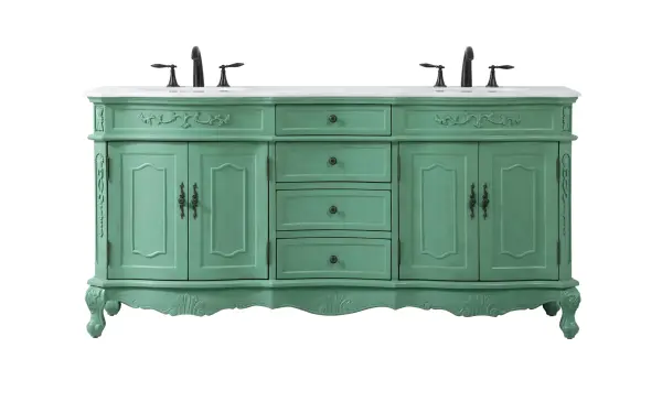 Dimensions
Length: 72"
Width: 21"
Height: 36"
Counter Top Length: 72"
Counter Top Width: 21"
Counter Top Height: 0.75"
Sink Width: 16"
Sink Depth: 13"
Sink Height: 7"
Sink Drain Hole Size: 1.75"
Faucet Hole Spacing: 8"3 Holes"
Specifications
Assembly Required: no
Base Material: Solid wood and MDF
Counter Top Edge Style: Ogee
Counter Top Finish: Ivory white
Distressed Finish: Yes
Finish (Color): Vintage Mint
Fixture Material: Solid Wood and MDF
Hardware Finish: Antique bronze
Harware Material: Aluminum alloy
Number of Faucet Holes: 6
Number of Sinks: 2
Product Shape: Rectangle
Product Type: Bathroom Vanities
Product Warranty: 1 year limited
Sink Mounting Type: Undermount
Vanity Backsplash: NO
Vanity Mounting Type: Free-Standing
Weight: 231
Wire Included: No
Wood Type: birch
Shipment type: LTL
US Shipping Cost: $301.00
Drawers
Drawers Included: yes
Number of Drawers: 4
Drawer Width: DW1:18
DW2:18
Drawer Depth: DW1:16
DW2:16
Drawer Height: DW1:6
DW2:4.5
Drawer Handle Designs: knobs
Shelves
Number of Shelves: 2
Shelf Width: 23
Cabinets
Number of Cabinets: 2
Cabinet Interior Width: 23
Cabinet Interior Depth: 17
Cabinet Interior Height: 19.75