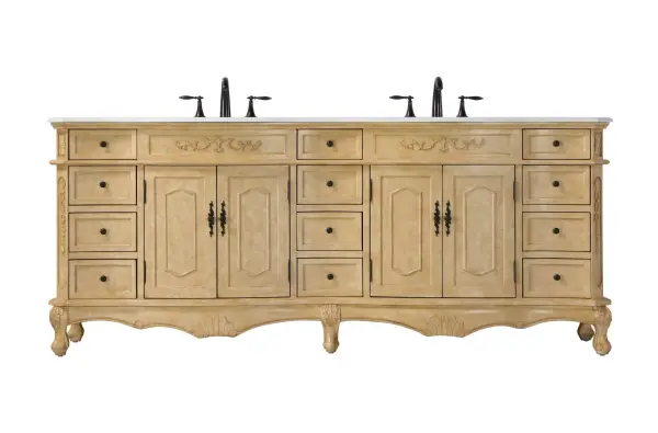 Specification Sheet
Dimensions
Length: 84"
Width: 21"
Height: 36"
Counter Top Length: 84"
Counter Top Width: 21"
Counter Top Height: 0.75"
Sink Width: 16"
Sink Depth: 13"
Sink Height: 7"
Sink Drain Hole Size: 1.75"
Faucet Hole Spacing: 8"3 Holes"
Specifications
Assembly Required: NO
Base Material: Solid wood and MDF
Counter Top Edge Style: Half bullnose
Counter Top Finish: Ivory white
Distressed Finish: yes
Drain Assembly Included:
Faucet Included:
Faucet Type: Widespread
Finish (Color): Antique Beige
Vanity Material: Solid Wood and MDF
Hardware Finish: Antique bronze
Harware Material: Aluminum alloy
Number of Faucet Holes: 6
Number of Sinks: 2
Product Shape: Rectangle
Product Type: Bathroom Vanities
Product Warranty: 1 year limited
Sink Mounting Type: Undermount
Vanity Backsplash: NO
Vanity Mounting Type: Free-Standing
Weight: 322
Wire Included: No
Wood Type: Birch
Shipment type: LTL
Drawers
Drawers Included: yes
Number of Drawers: 12
False Drawers:
Drawer Width: Dw1 : 10
Dw2 : 10
Drawer Depth: Dw1 : 14.5
Dw2 : 14.5
Drawer Height: Dw1 : 4.5
Dw2 : 6
Drawer Handle Designs: knobs
Shelves
Number of Shelves: 2
Shelf Width: 21.5
Cabinets
Number of Cabinets: 2
Cabinet Interior Width: 21.5
Cabinet Interior Depth: 17
Cabinet Interior Height: 20