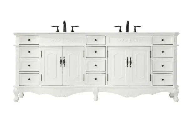 Specification Sheet
Dimensions
Length: 84"
Width: 21"
Height: 36"
Counter Top Length: 84"
Counter Top Width: 21"
Counter Top Height: 0.75"
Sink Width: 16"
Sink Depth: 13"
Sink Height: 7"
Sink Drain Hole Size: 1.75"
Faucet Hole Spacing: 8"3 Holes"
Specifications
Assembly Required: NO
Base Material: Solid wood and MDF
Counter Top Edge Style: Half bullnose
Counter Top Finish: Ivory white
Distressed Finish: yes
Drain Assembly Included:
Faucet Included:
Faucet Type: Widespread
Finish (Color): Antique White
Vanity Material: Solid Wood and MDF
Hardware Finish: Antique bronze
Harware Material: Aluminum alloy
Number of Faucet Holes: 6
Number of Sinks: 2
Product Shape: Rectangle
Product Type: Bathroom Vanities
Product Warranty: 1 year limited
Sink Mounting Type: Undermount
Vanity Backsplash: NO
Vanity Mounting Type: Free-Standing
Weight: 322
Wire Included: No
Wood Type: Birch
Shipment type: LTL
Drawers
Drawers Included: yes
Number of Drawers: 12
False Drawers:
Drawer Width: Dw1 : 10
Dw2 : 10
Drawer Depth: Dw1 : 14.5
Dw2 : 14.5
Drawer Height: Dw1 : 4.5
Dw2 : 6
Drawer Handle Designs: knobs
Shelves
Number of Shelves: 2
Shelf Width: 21.5
Cabinets
Number of Cabinets: 2
Cabinet Interior Width: 21.5
Cabinet Interior Depth: 17
Cabinet Interior Height: 20
