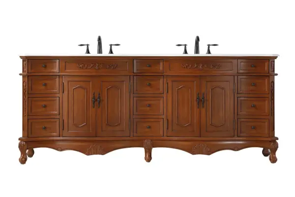 Specification Sheet
Dimensions
Length: 84"
Width: 21"
Height: 36"
Counter Top Length: 84"
Counter Top Width: 21"
Counter Top Height: 0.75"
Sink Width: 16"
Sink Depth: 13"
Sink Height: 7"
Sink Drain Hole Size: 1.75"
Faucet Hole Spacing: 8"3 Holes"
Specifications
Assembly Required: NO
Base Material: Solid wood and MDF
Counter Top Edge Style: Half bullnose
Counter Top Finish: Ivory white
Distressed Finish: yes
Drain Assembly Included:
Faucet Included:
Faucet Type: Widespread
Finish (Color): Teak
Vanity Material: Solid Wood and MDF
Hardware Finish: Antique bronze
Harware Material: Aluminum alloy
Number of Faucet Holes: 6
Number of Sinks: 2
Product Shape: Rectangle
Product Type: Bathroom Vanities
Product Warranty: 1 year limited
Sink Mounting Type: Undermount
Vanity Backsplash: NO
Vanity Mounting Type: Free-Standing
Weight: 322
Wire Included: No
Wood Type: Birch
Shipment type: LTL
Drawers
Drawers Included: yes
Number of Drawers: 12
False Drawers:
Drawer Width: Dw1 : 10
Dw2 : 10
Drawer Depth: Dw1 : 14.5
Dw2 : 14.5
Drawer Height: Dw1 : 4.5
Dw2 : 6
Drawer Handle Designs: knobs
Shelves
Number of Shelves: 2
Shelf Width: 21.5
Cabinets
Number of Cabinets: 2
Cabinet Interior Width: 21.5
Cabinet Interior Depth: 17
Cabinet Interior Height: 20