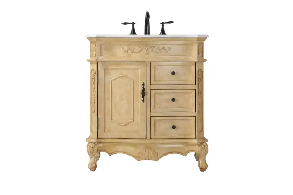 Specification Sheet
Dimensions
Length: 32"
Width: 21"
Height: 36"
Counter Top Length: 32"
Counter Top Width: 21"
Counter Top Height: 0.75"
Sink Width: 15.5"
Sink Depth: 12.25"
Sink Height: 7"
Sink Drain Hole Size: 1.75"
Faucet Hole Spacing: 8"3 Holes"
Specifications
Assembly Required: NO
Base Material: Solid wood and MDF
Counter Top Edge Style: Half bullnose
Counter Top Finish: Ivory white
Distressed Finish: yes
Faucet Type: Widespread
Finish (Color): Antique Beige
Vanity Material: Solid Wood and MDF
Hardware Finish: Antique bronze
Harware Material: Aluminum alloy
Number of Faucet Holes: 3
Number of Sinks: 1
Product Shape: Rectangle
Product Type: Bathroom Vanities
Product Warranty: 1 year limited
Sink Mounting Type: Undermount
Vanity Backsplash: NO
Vanity Mounting Type: Free-Standing
132
Wire Included: No
Wood Type: Birch
Shipment type: LTL
Drawers
Drawers Included: yes
Number of Drawers: 3
Drawer Width: 12
Drawer Depth: 14.5
Drawer Height: 6
Drawer Handle Designs: knobs
Shelves
Number of Shelves: 1
Shelf Width: 12.25
Cabinets
Number of Cabinets: 1
Cabinet Interior Width: 12.25
Cabinet Interior Depth: 17
Cabinet Interior Height: 20