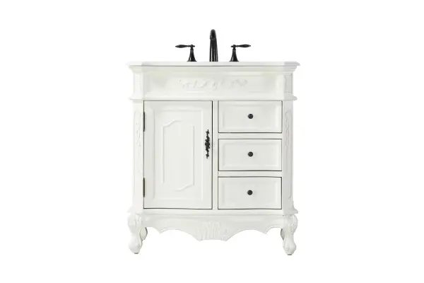 Specification Sheet
Dimensions
Length: 32"
Width: 21"
Height: 36"
Counter Top Length: 32"
Counter Top Width: 21"
Counter Top Height: 0.75"
Sink Width: 15.5"
Sink Depth: 12.25"
Sink Height: 7"
Sink Drain Hole Size: 1.75"
Faucet Hole Spacing: 8"3 Holes"
Specifications
Assembly Required: NO
Base Material: Solid wood and MDF
Counter Top Edge Style: Half bullnose
Counter Top Finish: Ivory white
Distressed Finish: yes
Faucet Type: Widespread
Finish (Color): Antique White
Vanity Material: Solid Wood and MDF
Hardware Finish: Antique bronze
Harware Material: Aluminum alloy
Number of Faucet Holes: 3
Number of Sinks: 1
Product Shape: Rectangle
Product Type: Bathroom Vanities
Product Warranty: 1 year limited
Sink Mounting Type: Undermount
Vanity Backsplash: NO
Vanity Mounting Type: Free-Standing
132
Wire Included: No
Wood Type: Birch
Shipment type: LTL
Drawers
Drawers Included: yes
Number of Drawers: 3
Drawer Width: 12
Drawer Depth: 14.5
Drawer Height: 6
Drawer Handle Designs: knobs
Shelves
Number of Shelves: 1
Shelf Width: 12.25
Cabinets
Number of Cabinets: 1
Cabinet Interior Width: 12.25
Cabinet Interior Depth: 17
Cabinet Interior Height: 20