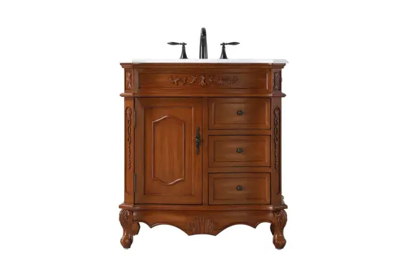 Specification Sheet
Dimensions
Length: 32"
Width: 21"
Height: 36"
Counter Top Length: 32"
Counter Top Width: 21"
Counter Top Height: 0.75"
Sink Width: 15.5"
Sink Depth: 12.25"
Sink Height: 7"
Sink Drain Hole Size: 1.75"
Faucet Hole Spacing: 8"3 Holes"
Specifications
Assembly Required: NO
Base Material: Solid wood and MDF
Counter Top Edge Style: Half bullnose
Counter Top Finish: Ivory white
Distressed Finish: yes
Faucet Type: Widespread
Finish (Color): Teak
Vanity Material: Solid Wood and MDF
Hardware Finish: Antique bronze
Harware Material: Aluminum alloy
Number of Faucet Holes: 3
Number of Sinks: 1
Product Shape: Rectangle
Product Type: Bathroom Vanities
Product Warranty: 1 year limited
Sink Mounting Type: Undermount
Vanity Backsplash: NO
Vanity Mounting Type: Free-Standing
132
Wire Included: No
Wood Type: Birch
Shipment type: LTL
Drawers
Drawers Included: yes
Number of Drawers: 3
Drawer Width: 12
Drawer Depth: 14.5
Drawer Height: 6
Drawer Handle Designs: knobs
Shelves
Number of Shelves: 1
Shelf Width: 12.25
Cabinets
Number of Cabinets: 1
Cabinet Interior Width: 12.25
Cabinet Interior Depth: 17
Cabinet Interior Height: 20