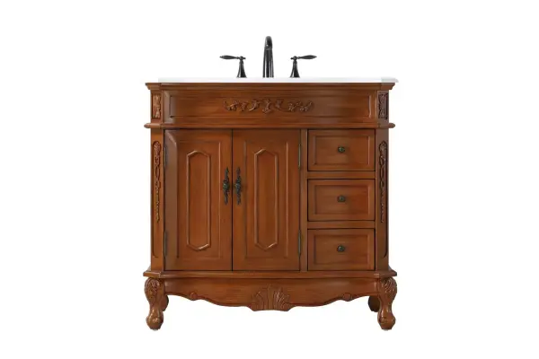 Specification Sheet
Dimensions
Length: 36"
Width: 21"
Height: 36"
Counter Top Length: 36"
Counter Top Width: 21"
Counter Top Height: 0.75"
Sink Width: 15.5"
Sink Depth: 12.25"
Sink Height: 7"
Sink Drain Hole Size: 1.75"
Faucet Hole Spacing: 8"3 Holes"
Specifications
Assembly Required: NO
Base Material: Solid wood and MDF
Counter Top Edge Style: Half bullnose
Counter Top Finish: Ivory white
Distressed Finish: yes
Faucet Type: Widespread
Finish (Color): Teak
Vanity Material: Solid Wood and MDF
Hardware Finish: Antique bronze
Harware Material: Aluminum alloy
Number of Faucet Holes: 3
Number of Sinks: 1
Product Shape: Rectangle
Product Type: Bathroom Vanities
Product Warranty: 1 year limited
Sink Mounting Type: Undermount
Vanity Backsplash: NO
Vanity Mounting Type: Free-Standing
147
Wire Included: No
Wood Type: Birch
Shipment type: LTL
Drawers
Drawers Included: yes
Number of Drawers: 3
Drawer Width: 9.5
Drawer Depth: 14.5
Drawer Height: 6
Drawer Handle Designs: knobs
Shelves
Number of Shelves: 1
Shelf Width: 19
Cabinets
Number of Cabinets: 1
Cabinet Interior Width: 19
Cabinet Interior Depth: 17
Cabinet Interior Height: 20