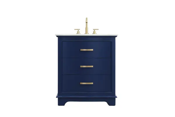 Dimensions
Length: 30"
Width: 30"
Height: 22"
Depth: 34"
Counter Top Length: 30"
Counter Top Width: 22"
Counter Top Height: 0.75"
Sink Width: 15.5"
Sink Depth: 12.5"
Sink Height: 7"
Sink Drain Hole Size: 1.75"
Faucet Hole Spacing: 8"3 Holes"
Specifications
Assembly Required: No
Base Material: Solid wood and MDF
Counter Top Edge Style: straight
Counter Top Finish: marble white
Distressed Finish: No
Drain Assembly Included: No
Faucet Included: No
Faucet Type: Widespread
Finish (Color): Blue
Vanity Material: Solid Wood and MDF
Hardware Finish: Gold
Harware Material: Aluminum alloy
Number of Faucet Holes: 3
Number of Sinks: 1
Product Shape: Rectangle
Product Type: Bathroom Vanities
Product Warranty: 1 year limited
Sink Mounting Type: Undermount
Vanity Backsplash: NO
Vanity Mounting Type: Free-Standing
154
Wire Included: No
Wood Type: Rubber wood
Shipment type: Oversized Ground
US Shipping Cost: $142.00
Drawers
Drawers Included: yes
Number of Drawers: 2
False Drawers: yes
Drawer Width: 23.375
Drawer Depth: 15.125
Drawer Height: 7.875
Drawer Handle Designs: Bar pulls
Cabinets
Number of Cabinets: 0