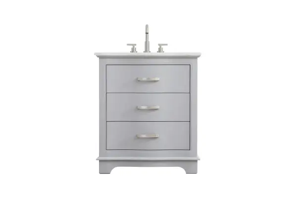 This KNOX vanity combines timeless design with practical features. The curved silhouette adds sophistication, while the faux-marble countertop with unique veining creates visual interest. Soft-closing drawers and fully assembled delivery make it a convenient choice.