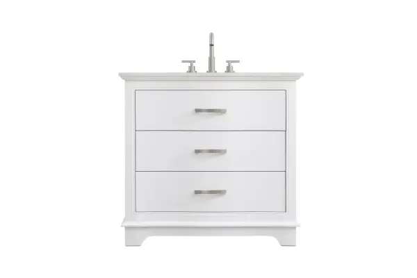The KNOX vanity combines timeless design with practical features. Its curved silhouette adds sophistication, while the faux-marble countertop with unique veining creates visual interest. Soft-closing drawers and U-shaped plumbing drawer enhance functionality.