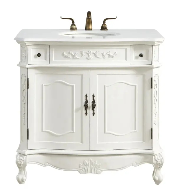 Dimensions
Length: 36"
Width: 21"
Height: 36"
Counter Top Length: 36"
Counter Top Width: 21"
Counter Top Height: 0.75"
Sink Width: 16"
Sink Depth: 13"
Sink Height: 7"
Sink Drain Hole Size: 1.75"
Faucet Hole Spacing: 8"3 Holes"
Specifications
Assembly Required: no
Base Material: Solid wood and MDF
Counter Top Edge Style: Ogee
Counter Top Finish: Ivory white
Distressed Finish: Yes
Finish (Color): Antique White
Fixture Material: Solid Wood and MDF
Hardware Finish: Antique bronze
Harware Material: Aluminum alloy
Number of Faucet Holes: 3
Number of Sinks: 1
Product Shape: Rectangle
Product Type: Bathroom Vanities
Product Warranty: 1 year limited
Sink Mounting Type: Undermount
Vanity Backsplash: NO
Vanity Mounting Type: Free-Standing
Weight: 121
Wire Included: No
Wood Type: birch
Shipment type: LTL
US Shipping Cost: $159.00
Drawers
Drawers Included: yes
Number of Drawers: 2
Drawer Width: 5.25
Drawer Depth: 14
Drawer Height: 4.25
Drawer Handle Designs: knobs
Shelves
Number of Shelves: 1
Shelf Width: 28.75
Cabinets
Number of Cabinets: 1
Cabinet Interior Width: 28.75
Cabinet Interior Depth: 17
Cabinet Interior Height: 19.75
