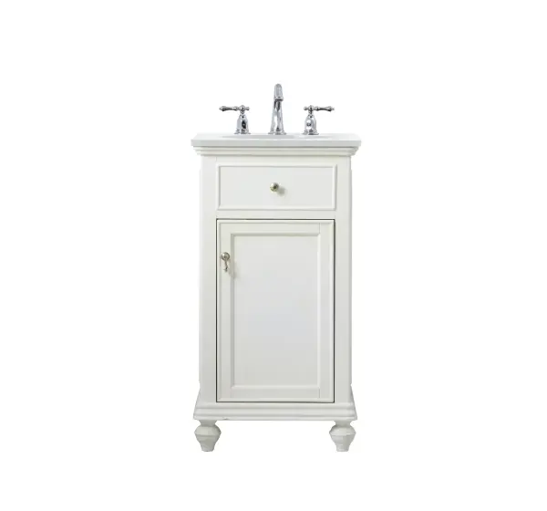 Dimensions
Length: 19"
Width: 19"
Height: 35"
Counter Top Length: 19"
Counter Top Width: 19"
Counter Top Height: 0.75"
Sink Width: 12.86"
Sink Depth: 10.63"
Sink Height: 7"
Sink Drain Hole Size: 1.75"
Faucet Hole Spacing: 8"3 Holes"
Specifications
Assembly Required: YES
Base Material: Solid wood and MDF
Counter Top Edge Style: straight
Counter Top Finish: Ivory white
Distressed Finish: Yes
Finish (Color): Antique White
Fixture Material: Solid Wood and MDF
Hardware Finish: Brushed nickel
Harware Material: Aluminum alloy
Number of Faucet Holes: 3
Number of Sinks: 1
Product Shape: Rectangle
Product Type: Bathroom Vanities
Product Warranty: 1 year limited
Sink Mounting Type: Undermount
Vanity Backsplash: NO
Vanity Mounting Type: Free-Standing
Weight: 70
Wire Included: No
Wood Type: birch
Shipment type: Oversized Ground
US Shipping Cost: $50.00
Drawers
False Drawers: yes
Drawer Handle Designs: knobs
Shelves
Number of Shelves: 1
Shelf Width: 11.86
Cabinets
Number of Cabinets: 1
Cabinet Interior Width: 11.86
Cabinet Interior Depth: 16
Cabinet Interior Height: 20.125