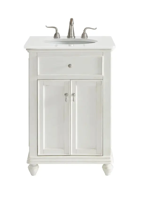 Dimensions
Length: 24"
Width: 21"
Height: 35"
Counter Top Length: 24"
Counter Top Width: 21"
Counter Top Height: 0.75"
Sink Width: 15.38"
Sink Depth: 12.25"
Sink Height: 7"
Sink Drain Hole Size: 1.75"
Faucet Hole Spacing: 8"3 Holes"
Specifications
Assembly Required: YES
Base Material: Solid wood and MDF
Counter Top Edge Style: straight
Counter Top Finish: Ivory white
Distressed Finish: Yes
Finish (Color): Antique White
Fixture Material: Solid Wood and MDF
Hardware Finish: Brushed nickel
Harware Material: Aluminum alloy
Number of Faucet Holes: 3
Number of Sinks: 1
Product Shape: Rectangle
Product Type: Bathroom Vanities
Product Warranty: 1 year limited
Sink Mounting Type: Undermount
Vanity Backsplash: NO
Vanity Mounting Type: Free-Standing
Weight: 77
Wire Included: No
Wood Type: birch
Shipment type: Oversized Ground
US Shipping Cost: $125.00
Drawers
False Drawers: yes
Drawer Handle Designs: knobs
Shelves
Number of Shelves: 1
Shelf Width: 17
Cabinets
Number of Cabinets: 1
Cabinet Interior Width: 17
Cabinet Interior Depth: 18.125
Cabinet Interior Height: 20.125