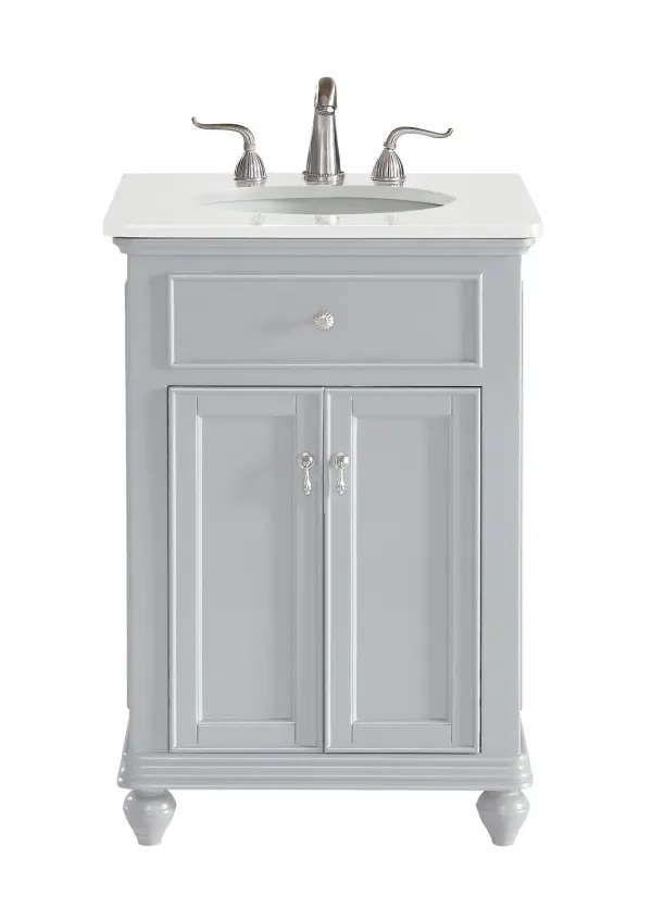 Dimensions
Length: 24"
Width: 21"
Height: 35"
Counter Top Length: 24"
Counter Top Width: 21"
Counter Top Height: 0.75"
Sink Width: 15.38"
Sink Depth: 12.25"
Sink Height: 7"
Sink Drain Hole Size: 1.75"
Faucet Hole Spacing: 8"3 Holes"
Specifications
Assembly Required: YES
Base Material: Solid wood and MDF
Counter Top Edge Style: straight
Counter Top Finish: Ivory white
Distressed Finish: NO
Finish (Color): Grey
Fixture Material: Solid Wood and MDF
Hardware Finish: Brushed nickel
Harware Material: Aluminum alloy
Number of Faucet Holes: 3
Number of Sinks: 1
Product Shape: Rectangle
Product Type: Bathroom Vanities
Product Warranty: 1 year limited
Sink Mounting Type: Undermount
Vanity Backsplash: NO
Vanity Mounting Type: Free-Standing
Weight: 77
Wire Included: No
Wood Type: birch
Shipment type: Oversized Ground
US Shipping Cost: $125.00
Drawers
False Drawers: yes
Drawer Handle Designs: knobs
Shelves
Number of Shelves: 1
Shelf Width: 17
Cabinets
Number of Cabinets: 1
Cabinet Interior Width: 17
Cabinet Interior Depth: 18.125
Cabinet Interior Height: 20.125