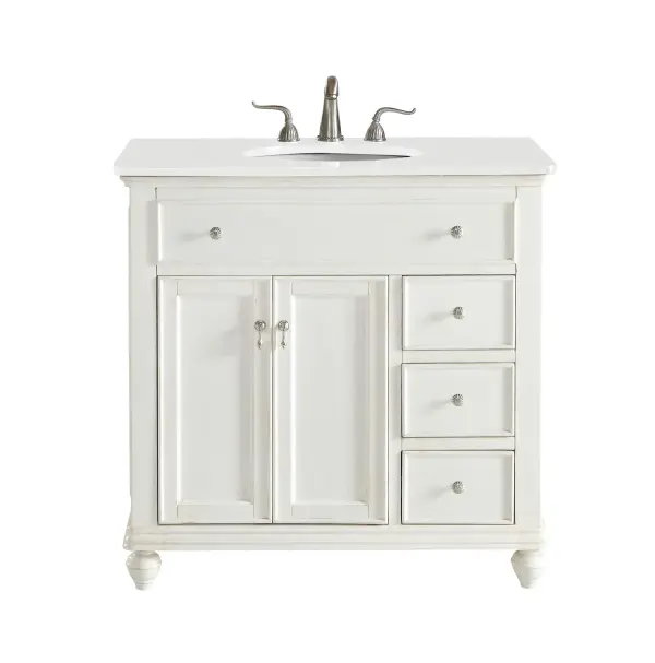 Dimensions
Length: 36"
Width: 21"
Height: 35"
Counter Top Length: 36"
Counter Top Width: 21"
Counter Top Height: 0.75"
Sink Width: 15.38"
Sink Depth: 12.25"
Sink Height: 7"
Sink Drain Hole Size: 1.75"
Faucet Hole Spacing: 8"3 Holes"
Specifications
Assembly Required: YES
Base Material: Solid wood and MDF
Counter Top Edge Style: straight
Counter Top Finish: Ivory white
Distressed Finish: Yes
Finish (Color): Antique White
Fixture Material: Solid Wood and MDF
Hardware Finish: Brushed nickel
Harware Material: Aluminum alloy
Number of Faucet Holes: 3
Number of Sinks: 1
Product Shape: Rectangle
Product Type: Bathroom Vanities
Product Warranty: 1 year limited
Sink Mounting Type: Undermount
Vanity Backsplash: NO
Vanity Mounting Type: Free-Standing
Weight: 136
Wire Included: No
Wood Type: birch
Shipment type: LTL
US Shipping Cost: $152.00
Drawers
Drawers Included: yes
Number of Drawers: 3
False Drawers: yes
Drawer Width: 9.25
Drawer Depth: 14.25
Drawer Height: 6
Drawer Handle Designs: knobs
Shelves
Number of Shelves: 1
Shelf Width: 18.75
Cabinets
Number of Cabinets: 1
Cabinet Interior Width: 18.75
Cabinet Interior Depth: 18.125
Cabinet Interior Height: 20.125