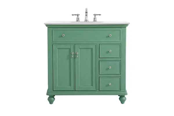 Dimensions
Length: 36"
Width: 21"
Height: 35"
Counter Top Length: 36"
Counter Top Width: 21"
Counter Top Height: 0.75"
Sink Width: 15.38"
Sink Depth: 12.25"
Sink Height: 7"
Sink Drain Hole Size: 1.75"
Faucet Hole Spacing: 8"3 Holes"
Specifications
Assembly Required: YES
Base Material: Solid wood and MDF
Counter Top Edge Style: straight
Counter Top Finish: Ivory white
Distressed Finish: Yes
Finish (Color): Vintage Mint
Fixture Material: Solid Wood and MDF
Hardware Finish: Brushed nickel
Harware Material: Aluminum alloy
Number of Faucet Holes: 3
Number of Sinks: 1
Product Shape: Rectangle
Product Type: Bathroom Vanities
Product Warranty: 1 year limited
Sink Mounting Type: Undermount
Vanity Backsplash: NO
Vanity Mounting Type: Free-Standing
Weight: 136
Wire Included: No
Wood Type: birch
Shipment type: LTL
US Shipping Cost: $152.00
Drawers
Drawers Included: yes
Number of Drawers: 3
False Drawers: yes
Drawer Width: 9.25
Drawer Depth: 14.25
Drawer Height: 6
Drawer Handle Designs: knobs
Shelves
Number of Shelves: 1
Shelf Width: 18.75
Cabinets
Number of Cabinets: 1
Cabinet Interior Width: 18.75
Cabinet Interior Depth: 18.125
Cabinet Interior Height: 20.125