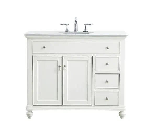 Dimensions
Length: 42"
Width: 21"
Height: 35"
Counter Top Length: 42"
Counter Top Width: 21"
Counter Top Height: 0.75"
Sink Width: 15.38"
Sink Depth: 12.25"
Sink Height: 7"
Sink Drain Hole Size: 1.75"
Faucet Hole Spacing: 8"3 Holes"
Specifications
Assembly Required: YES
Base Material: Solid wood and MDF
Counter Top Edge Style: straight
Counter Top Finish: Ivory white
Distressed Finish: Yes
Finish (Color): Antique White
Fixture Material: Solid Wood and MDF
Hardware Finish: Brushed nickel
Harware Material: Aluminum alloy
Number of Faucet Holes: 3
Number of Sinks: 1
Product Shape: Rectangle
Product Type: Bathroom Vanities
Product Warranty: 1 year limited
Sink Mounting Type: Undermount
Vanity Backsplash: NO
Vanity Mounting Type: Free-Standing
Weight: 158
Wire Included: No
Wood Type: birch
Shipment type: LTL
US Shipping Cost: $174.00
Drawers
Drawers Included: yes
Number of Drawers: 3
False Drawers: yes
Drawer Width: 10.25
Drawer Depth: 14.25
Drawer Height: 6
Drawer Handle Designs: knobs
Shelves
Number of Shelves: 1
Shelf Width: 23.75
Cabinets
Number of Cabinets: 1
Cabinet Interior Width: 23.75
Cabinet Interior Depth: 18.125
Cabinet Interior Height: 20.125