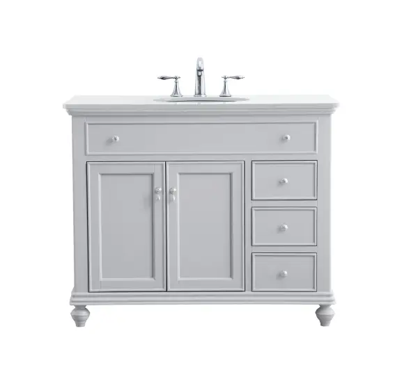 Dimensions
Length: 42"
Width: 21"
Height: 35"
Counter Top Length: 42"
Counter Top Width: 21"
Counter Top Height: 0.75"
Sink Width: 15.38"
Sink Depth: 12.25"
Sink Height: 7"
Sink Drain Hole Size: 1.75"
Faucet Hole Spacing: 8"3 Holes"
Specifications
Assembly Required: YES
Base Material: Solid wood and MDF
Counter Top Edge Style: straight
Counter Top Finish: Ivory white
Distressed Finish: NO
Finish (Color): Grey
Fixture Material: Solid Wood and MDF
Hardware Finish: Brushed nickel
Harware Material: Aluminum alloy
Number of Faucet Holes: 3
Number of Sinks: 1
Product Shape: Rectangle
Product Type: Bathroom Vanities
Product Warranty: 1 year limited
Sink Mounting Type: Undermount
Vanity Backsplash: NO
Vanity Mounting Type: Free-Standing
Weight: 158
Wire Included: No
Wood Type: birch
Shipment type: LTL
US Shipping Cost: $174.00
Drawers
Drawers Included: yes
Number of Drawers: 3
False Drawers: yes
Drawer Width: 10.25
Drawer Depth: 14.25
Drawer Height: 6
Drawer Handle Designs: knobs
Shelves
Number of Shelves: 1
Shelf Width: 23.75
Cabinets
Number of Cabinets: 1
Cabinet Interior Width: 23.75
Cabinet Interior Depth: 18.125
Cabinet Interior Height: 20.125