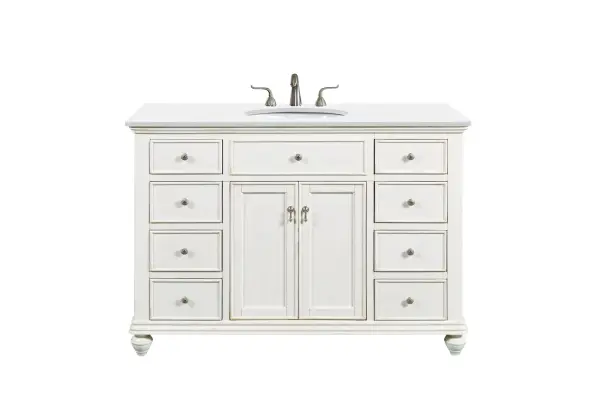 Dimensions
Length: 48"
Width: 21"
Height: 35"
Counter Top Length: 48"
Counter Top Width: 21"
Counter Top Height: 0.75"
Sink Width: 15.38"
Sink Depth: 12.25"
Sink Height: 7"
Sink Drain Hole Size: 1.75"
Faucet Hole Spacing: 8"3 Holes"
Specifications
Assembly Required: YES
Base Material: Solid wood and MDF
Counter Top Edge Style: straight
Counter Top Finish: Ivory white
Distressed Finish: Yes
Finish (Color): Antique White
Fixture Material: Solid Wood and MDF
Hardware Finish: Brushed nickel
Harware Material: Aluminum alloy
Number of Faucet Holes: 3
Number of Sinks: 1
Product Shape: Rectangle
Product Type: Bathroom Vanities
Product Warranty: 1 year limited
Sink Mounting Type: Undermount
Vanity Backsplash: NO
Vanity Mounting Type: Free-Standing
Weight: 198
Wire Included: No
Wood Type: birch
Shipment type: LTL
US Shipping Cost: $196.00
Drawers
Drawers Included: yes
Number of Drawers: 8
False Drawers: yes
Drawer Width: Dw1:10 Dw2:10
Drawer Depth: Dw1:14.25 Dw2:14.25
Drawer Height: Dw1:5.13 Dw2: 6
Drawer Handle Designs: knobs
Shelves
Number of Shelves: 1
Shelf Width: 19
Cabinets
Number of Cabinets: 1
Cabinet Interior Width: 19
Cabinet Interior Depth: 18.125
Cabinet Interior Height: 20.125