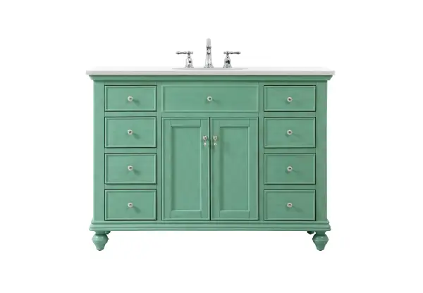 Dimensions
Length: 48"
Width: 21"
Height: 35"
Counter Top Length: 48"
Counter Top Width: 21"
Counter Top Height: 0.75"
Sink Width: 15.38"
Sink Depth: 12.25"
Sink Height: 7"
Sink Drain Hole Size: 1.75"
Faucet Hole Spacing: 8"3 Holes"
Specifications
Assembly Required: YES
Base Material: Solid wood and MDF
Counter Top Edge Style: straight
Counter Top Finish: Ivory white
Distressed Finish: Yes
Finish (Color): Vintage Mint
Fixture Material: Solid Wood and MDF
Hardware Finish: Brushed nickel
Harware Material: Aluminum alloy
Number of Faucet Holes: 3
Number of Sinks: 1
Product Shape: Rectangle
Product Type: Bathroom Vanities
Product Warranty: 1 year limited
Sink Mounting Type: Undermount
Vanity Backsplash: NO
Vanity Mounting Type: Free-Standing
Weight: 198
Wire Included: No
Wood Type: birch
Shipment type: LTL
US Shipping Cost: $196.00
Drawers
Drawers Included: yes
Number of Drawers: 8
False Drawers: yes
Drawer Width: Dw1:10 Dw2:10
Drawer Depth: Dw1:14.25 Dw2:14.25
Drawer Height: Dw1:5.13 Dw2: 6
Drawer Handle Designs: knobs
Shelves
Number of Shelves: 1
Shelf Width: 19
Cabinets
Number of Cabinets: 1
Cabinet Interior Width: 19
Cabinet Interior Depth: 18.125
Cabinet Interior Height: 20.125
