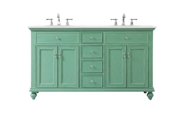 Dimensions
Length: 60"
Width: 21"
Height: 35"
Counter Top Length: 60"
Counter Top Width: 21"
Counter Top Height: 0.75"
Sink Width: 15.38"
Sink Depth: 12.25"
Sink Height: 7"
Sink Drain Hole Size: 1.75"
Faucet Hole Spacing: 8"3 Holes"
Specifications
Assembly Required: YES
Base Material: Solid wood and MDF
Counter Top Edge Style: straight
Counter Top Finish: Ivory white
Distressed Finish: Yes
Finish (Color): Vintage Mint
Fixture Material: Solid Wood and MDF
Hardware Finish: Brushed nickel
Harware Material: Aluminum alloy
Number of Faucet Holes: 6
Number of Sinks: 2
Product Shape: Rectangle
Product Type: Bathroom Vanities
Product Warranty: 1 year limited
Sink Mounting Type: Undermount
Vanity Backsplash: NO
Vanity Mounting Type: Free-Standing
Weight: 222
Wire Included: No
Wood Type: birch
Shipment type: LTL
US Shipping Cost: $241.00
Drawers
Drawers Included: yes
Number of Drawers: 4
False Drawers: yes
Drawer Width: Dw1:10 Dw2:10
Drawer Depth: Dw1:14.25 Dw2:14.25
Drawer Height: Dw1:5.13 Dw2:6
Drawer Handle Designs: knobs
Shelves
Number of Shelves: 2
Shelf Width: 20.5
Cabinets
Number of Cabinets: 2
Cabinet Interior Width: 20.5
Cabinet Interior Depth: 18.125
Cabinet Interior Height: 20.125