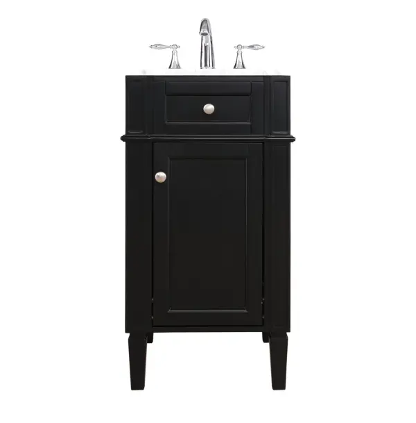 This 18-inch vanity delivers modern sophistication in a compact footprint. The black finish with brushed nickel hardware pairs beautifully with the Carrara marble top and porcelain sink, making it ideal for small bathrooms and powder rooms.