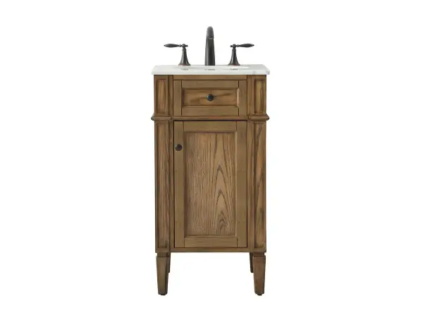 This 18-inch vanity combines handpainted craftsmanship with natural Carrara white marble and a porcelain undermount sink. The driftwood finish and compact footprint make it ideal for powder rooms and small bathrooms seeking coastal-inspired style.