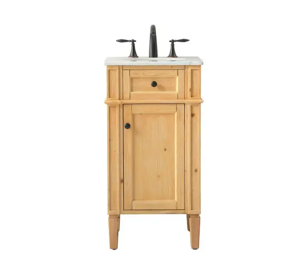This 18-inch single vanity combines handpainted craftsmanship with a luxurious Carrara white marble top and undermount porcelain sink. Perfect for powder rooms or compact bathrooms where space is at a premium.