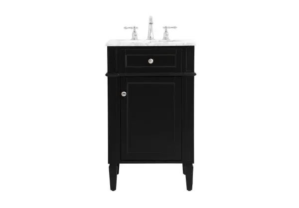 A space-efficient 21-inch vanity combining contemporary style with practical storage. Features genuine Carrara white marble top, under-mount porcelain sink, and hand-painted black cabinet with removable shelf.