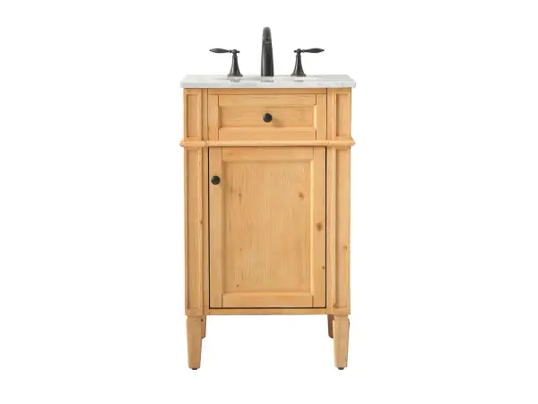 This 21-inch single vanity combines handpainted craftsmanship with a luxurious Carrara white marble top and undermount porcelain sink. Perfect for powder rooms or compact bathrooms where space is at a premium.