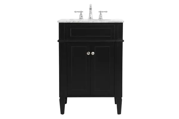 This 24-inch vanity delivers modern sophistication in a compact footprint. The black finish with brushed nickel hardware pairs beautifully with the Carrara white marble top and porcelain sink, creating a timeless look ideal for smaller bathrooms.