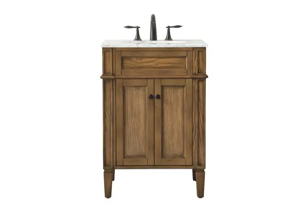 This 24-inch vanity combines handpainted driftwood cabinetry with a luxurious Carrara white marble top and undermount sink. Perfect for smaller bathrooms seeking upscale style without sacrificing quality or storage.