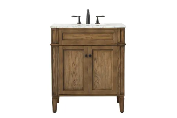 This 30-inch vanity combines handpainted driftwood cabinetry with a Carrara white marble top and undermount porcelain sink. The compact footprint makes it ideal for smaller bathrooms while the natural materials add upscale appeal.