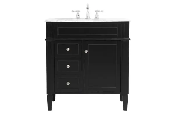 This 32-inch vanity delivers modern sophistication in a compact footprint. The black finish with brushed nickel hardware pairs beautifully with the Carrara white marble top and porcelain sink, creating timeless appeal for smaller bathrooms.