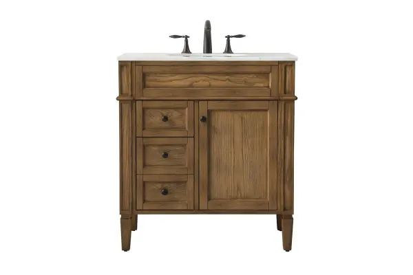This compact vanity combines natural beauty with practical design. The handpainted driftwood finish and genuine Carrara white marble top create a sophisticated coastal aesthetic perfect for smaller bathrooms.