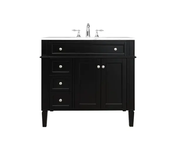 This 36-inch vanity delivers modern sophistication with its black finish and Carrara marble top. The space-efficient design includes double cabinet storage, making it ideal for smaller bathrooms without sacrificing style or functionality.