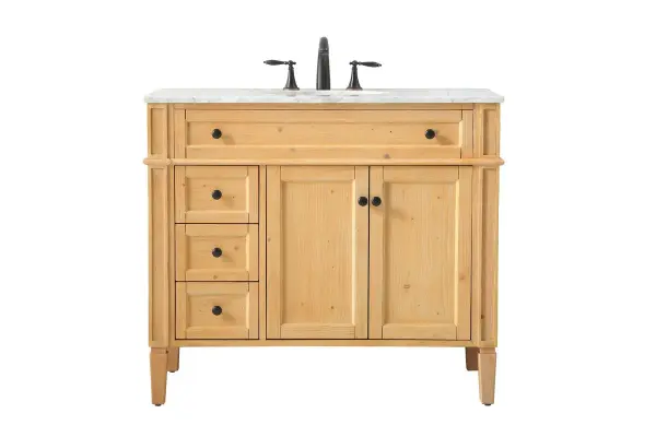 The Park Avenue vanity combines timeless elegance with practical functionality. Its Carrara white marble top and handpainted natural wood cabinet create a sophisticated focal point, while the undermount sink and storage shelf provide everyday convenience.