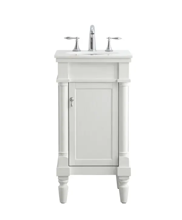 Dimensions
Length: 18.5"
Width: 19"
Height: 35"
Counter Top Length: 18.5"
Counter Top Width: 19.675"
Counter Top Height: 0.75"
Sink Width: 12.875"
Sink Depth: 10.625"
Sink Height: 7"
Sink Drain Hole Size: 1.75"
Faucet Hole Spacing: 8"3 Holes"
Specifications
Assembly Required: YES
Base Material: Solid wood and MDF
Counter Top Edge Style: straight
Counter Top Finish: Ivory white
Distressed Finish: Yes
Finish (Color): Antique White
Fixture Material: Solid Wood and MDF
Hardware Finish: Brushed nickel
Harware Material: Aluminum alloy
Number of Faucet Holes: 3
Number of Sinks: 1
Product Shape: Rectangle
Product Type: Bathroom Vanities
Product Warranty: 1 year limited
Sink Mounting Type: Undermount
Vanity Backsplash: NO
Vanity Mounting Type: Free-Standing
Weight: 59
Wire Included: No
Wood Type: birch
Shipment type: Oversized Ground
US Shipping Cost: $47.00
Shelves
Number of Shelves: 1
Shelf Width: 11.625
Cabinets
Number of Cabinets: 1
Cabinet Interior Width: 11.625
Cabinet Interior Depth: 15
Cabinet Interior Height: 19