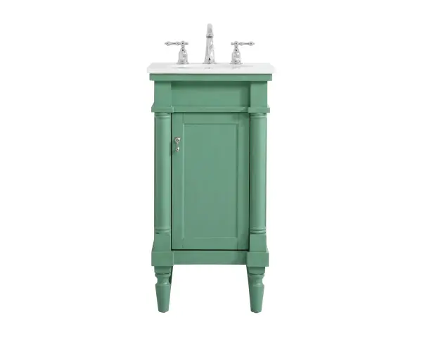 Dimensions
Length: 18.5"
Width: 19"
Height: 35"
Counter Top Length: 18.5"
Counter Top Width: 19.675"
Counter Top Height: 0.75"
Sink Width: 12.875"
Sink Depth: 10.625"
Sink Height: 7"
Sink Drain Hole Size: 1.75"
Faucet Hole Spacing: 8"3 Holes"
Specifications
Assembly Required: YES
Base Material: Solid wood and MDF
Counter Top Edge Style: straight
Counter Top Finish: Ivory white
Distressed Finish: Yes
Finish (Color): Vintage Mint
Fixture Material: Solid Wood and MDF
Hardware Finish: Brushed nickel
Harware Material: Aluminum alloy
Number of Faucet Holes: 3
Number of Sinks: 1
Product Shape: Rectangle
Product Type: Bathroom Vanities
Product Warranty: 1 year limited
Sink Mounting Type: Undermount
Vanity Backsplash: NO
Vanity Mounting Type: Free-Standing
Weight: 59
Wire Included: No
Wood Type: birch
Shipment type: Oversized Ground
US Shipping Cost: $47.00
Shelves
Number of Shelves: 1
Shelf Width: 11.625
Cabinets
Number of Cabinets: 1
Cabinet Interior Width: 11.625
Cabinet Interior Depth: 15
Cabinet Interior Height: 19