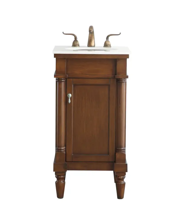 Dimensions
Length: 18.5"
Width: 19"
Height: 35"
Counter Top Length: 18.5"
Counter Top Width: 19.675"
Counter Top Height: 0.75"
Sink Width: 12.875"
Sink Depth: 10.625"
Sink Height: 7"
Sink Drain Hole Size: 1.75"
Faucet Hole Spacing: 8"3 Holes"
Specifications
Assembly Required: YES
Base Material: Solid wood and MDF
Counter Top Edge Style: straight
Counter Top Finish: Ivory white
Distressed Finish: Yes
Finish (Color): Walnut
Fixture Material: Solid Wood and MDF
Hardware Finish: Brushed nickel
Harware Material: Aluminum alloy
Number of Faucet Holes: 3
Number of Sinks: 1
Product Shape: Rectangle
Product Type: Bathroom Vanities
Product Warranty: 1 year limited
Sink Mounting Type: Undermount
Vanity Backsplash: NO
Vanity Mounting Type: Free-Standing
Weight: 59
Wire Included: No
Wood Type: birch
Shipment type: Oversized Ground
US Shipping Cost: $47.00
Shelves
Number of Shelves: 1
Shelf Width: 11.625
Cabinets
Number of Cabinets: 1
Cabinet Interior Width: 11.625
Cabinet Interior Depth: 15
Cabinet Interior Height: 19